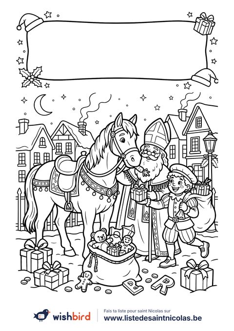 Coloriage saint nicolas : Le cheval de saint nicolas dans la rue