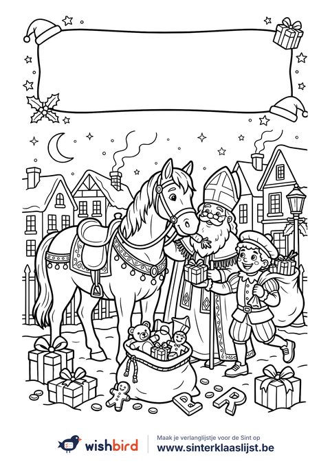 Sinterklaas kleurplaat: Het paard van Sinterklaas in de straat