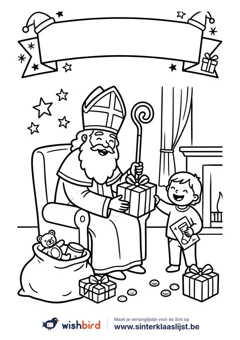 Sinterklaas kleurplaat: Sinterklaas geeft een cadeautje