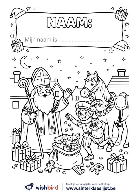 Sinterklaas kleurplaat: Sint, piet en het paard (met je naam)