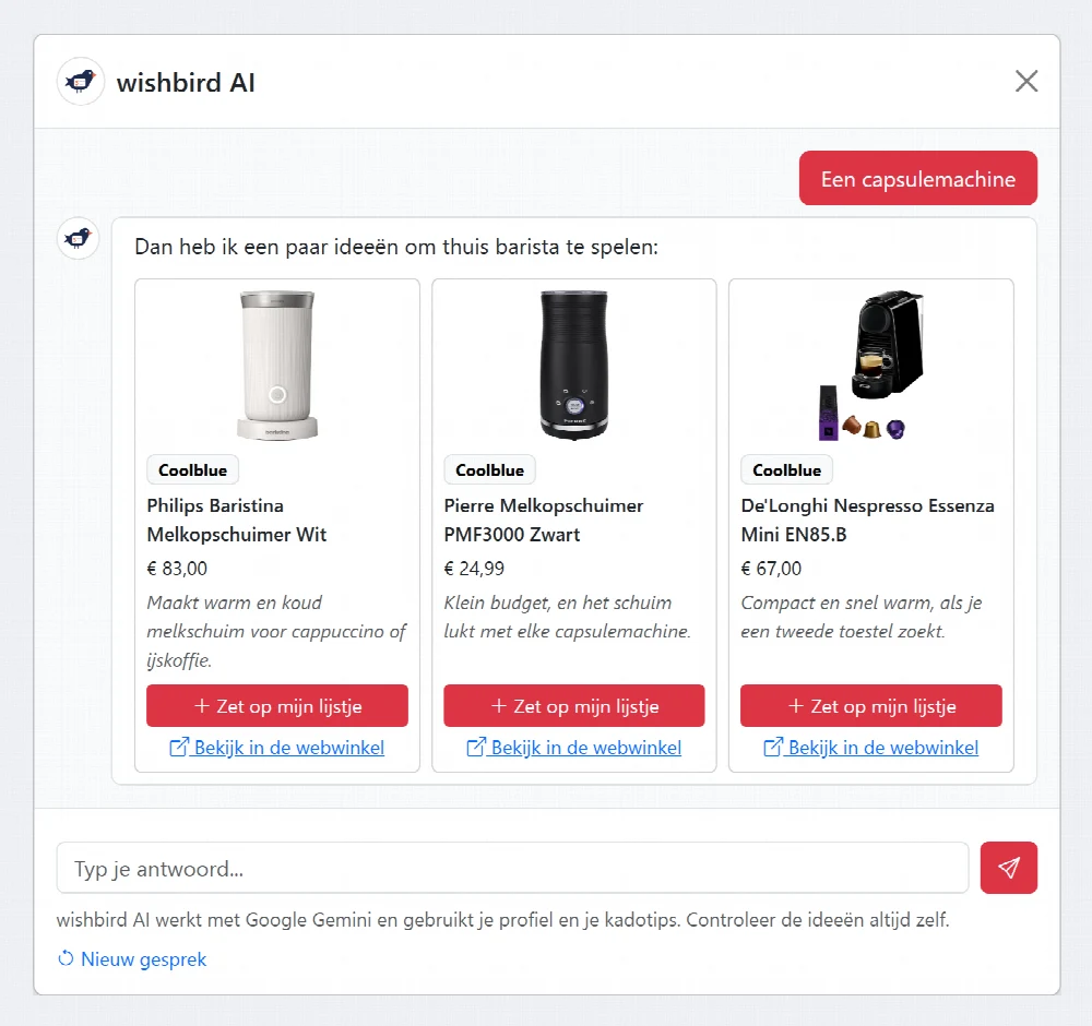 wishbird AI stelt kado-ideeën voor met een korte uitleg