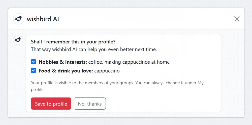 wishbird AI asks whether it may save your answers to your profile