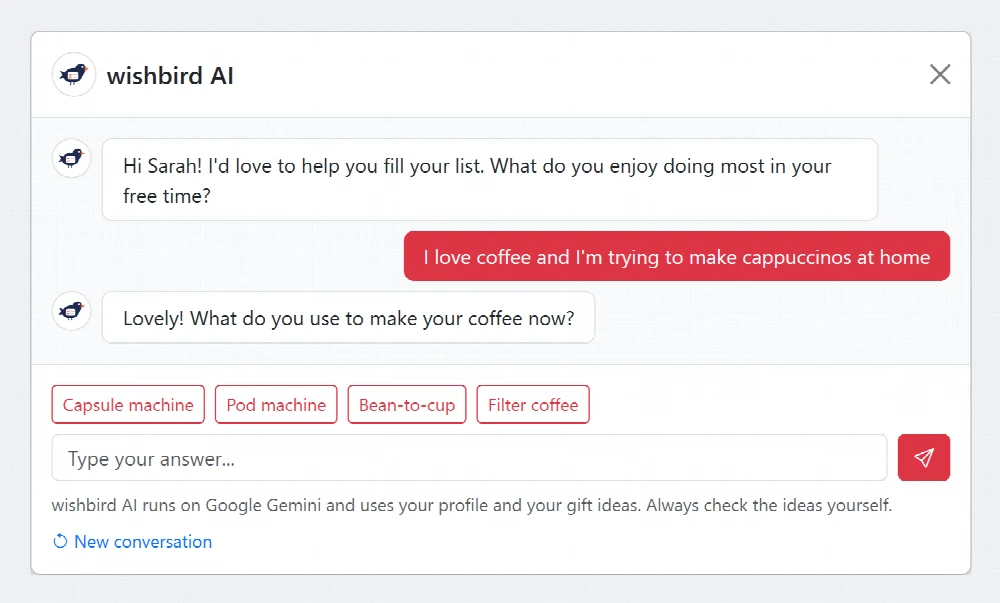 wishbird AI asks a question in the chat, with answer buttons