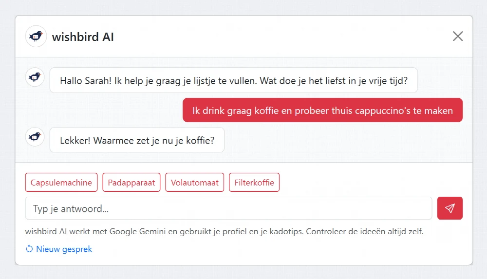 wishbird AI stelt een vraag in de chat, met antwoordknoppen
